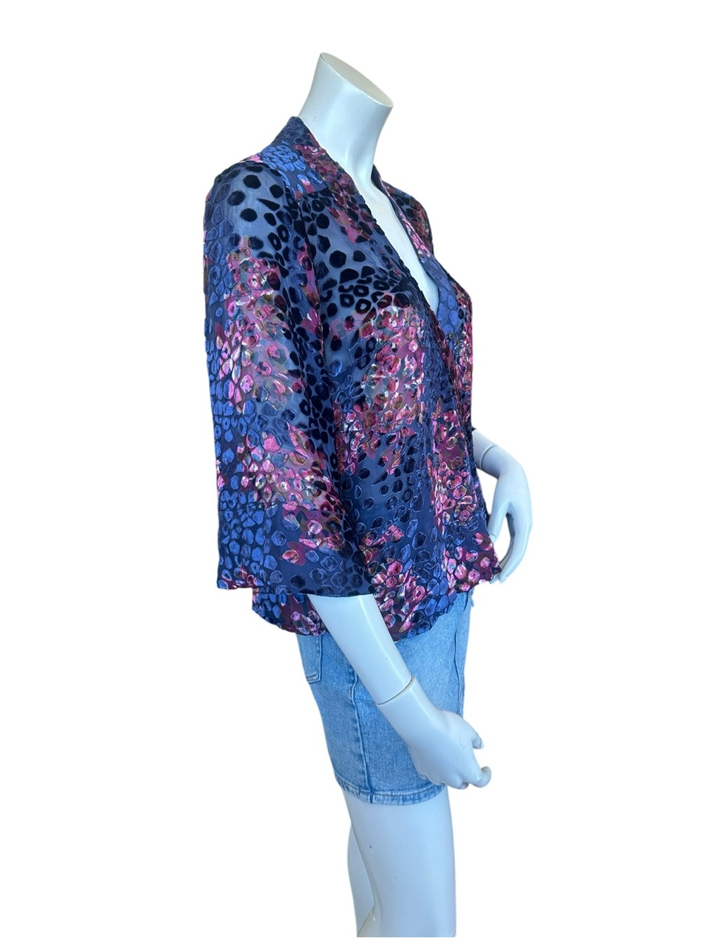 Anthropologie Floreat Navy Blue Pink Floral Leopard Silk Blend Burnout Blouse XS - Picture 3 of 8